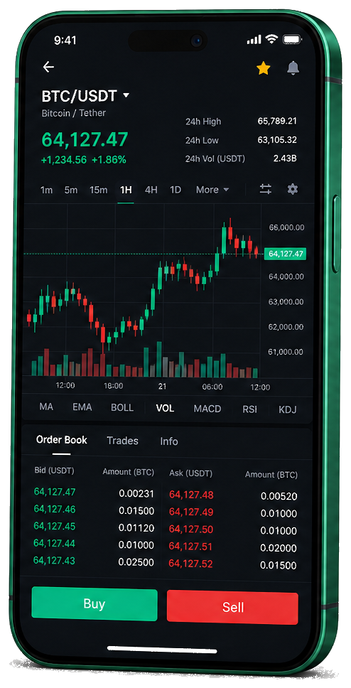 Interface mobile de trading Frame Hiberix Hub — prix BTC/USDT en direct, carnet d’ordres et outils de suivi des opérations